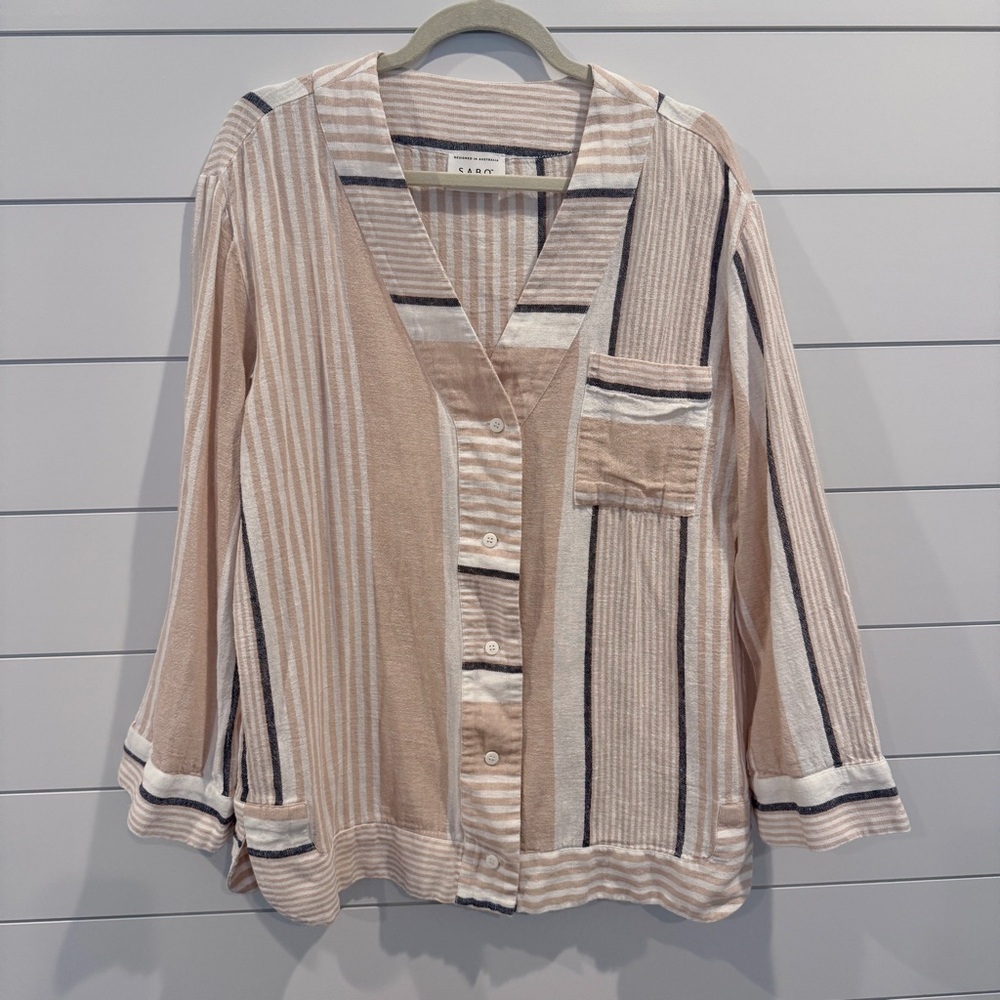 SABO Relaxed Stripe Linen Button-Down Shirt in Blush and Cream